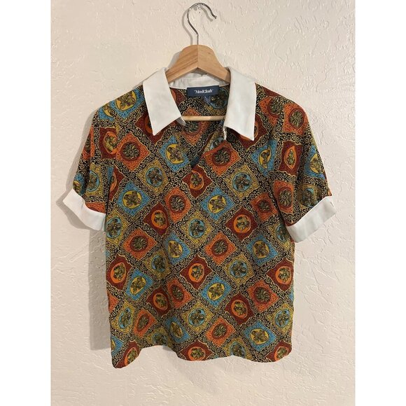 ModCloth Short Sleeved Antique Style Colorful Collared Top - Picture 1 of 10
